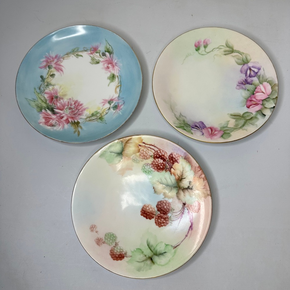 Vintage J.P.L. France Limoges Hand Painted Floral Porcelain Plates Set of 3 8.5"